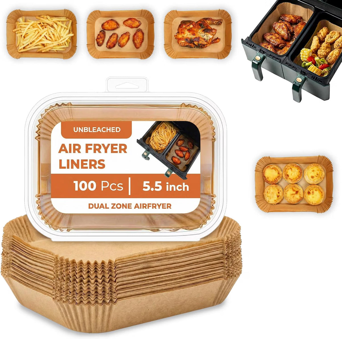 Roe Tenpo Air Fryer Liners, 100Pcs Disposable Baking Parchment Paper, Non-Stick & Greaseproof, Air Fryer Accessories for Ninja AF300UK AF400UK, Salter, Tower and Other Dual Zone Air Fryer