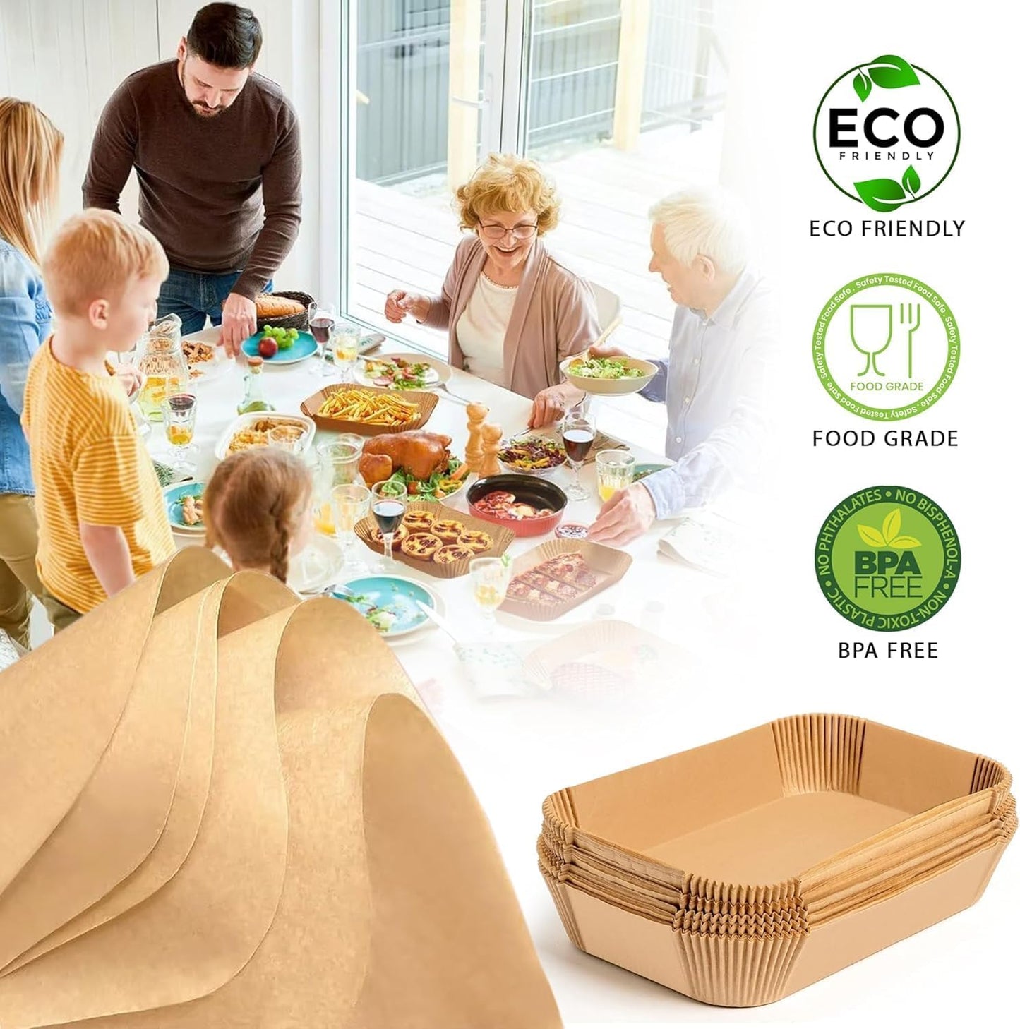Roe Tenpo Air Fryer Liners Disposable 100pcs Rectangular, Non-Stick Parchment Paper Liners, Baking Paper