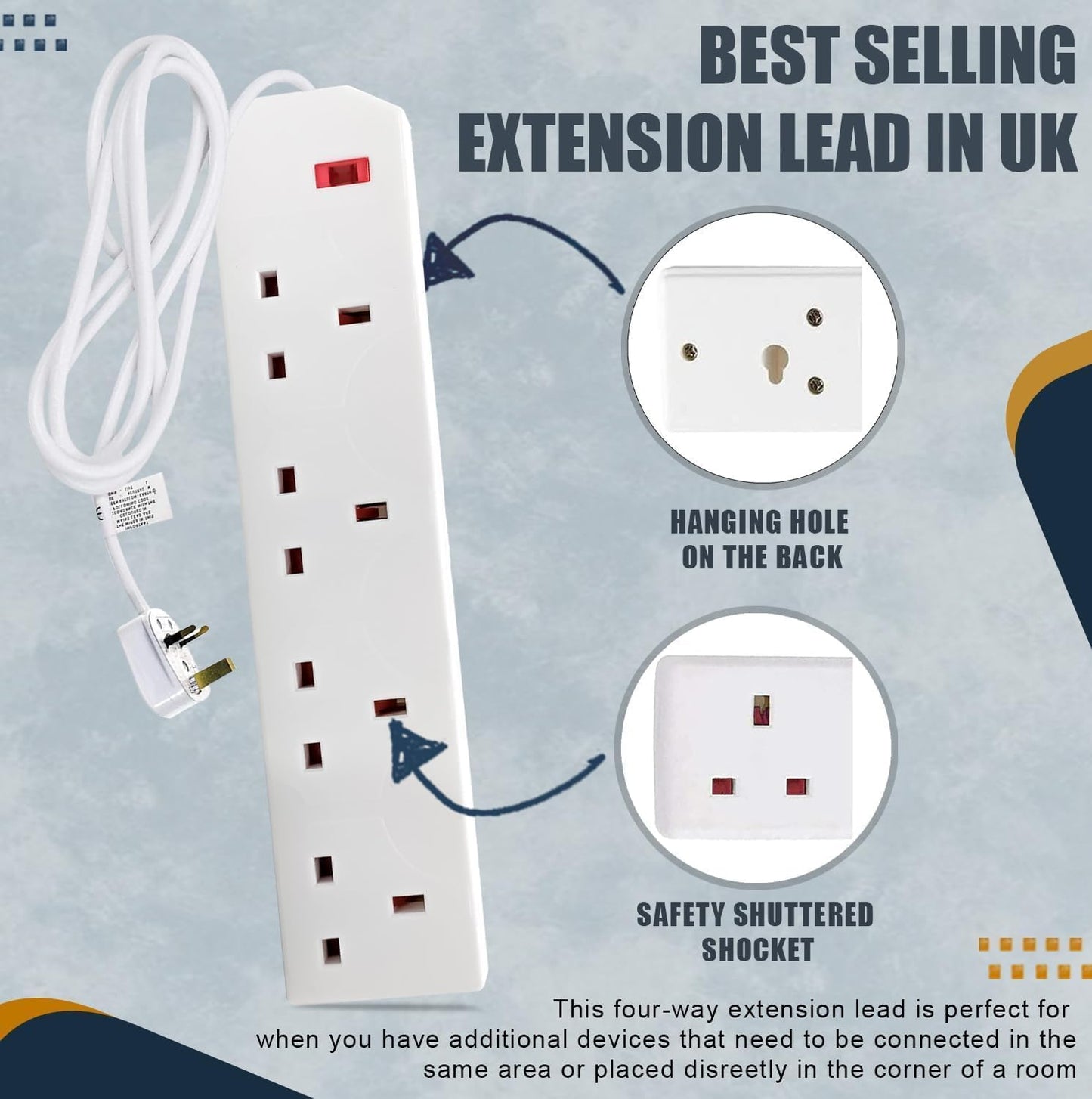 Roe Tenpo Heavy Duty Extension Lead UK Pin Plug and Cable, Multi Socket Mains Strip