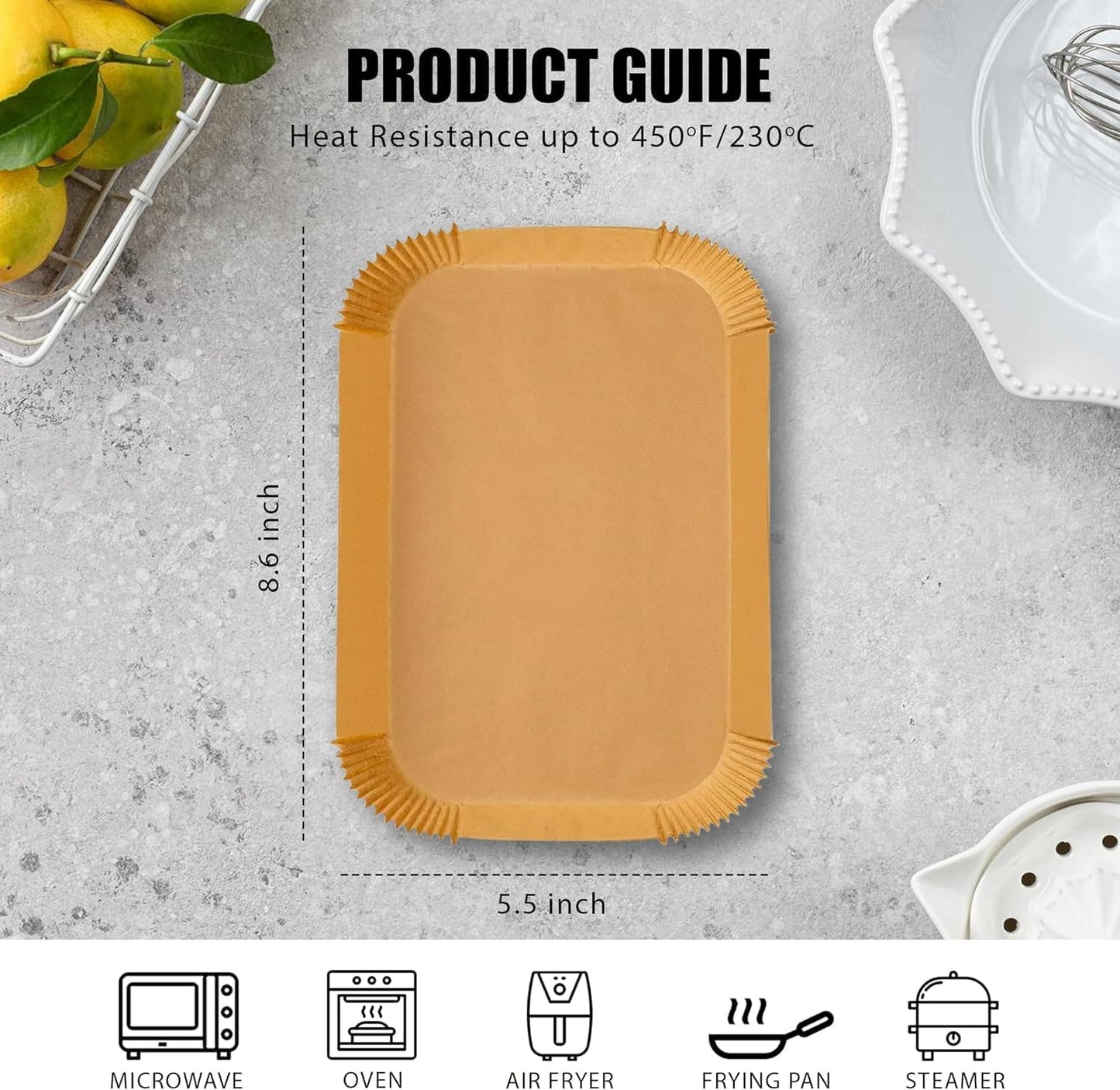 Roe Tenpo Air Fryer Liners Disposable 100pcs Rectangular, Non-Stick Parchment Paper Liners, Baking Paper