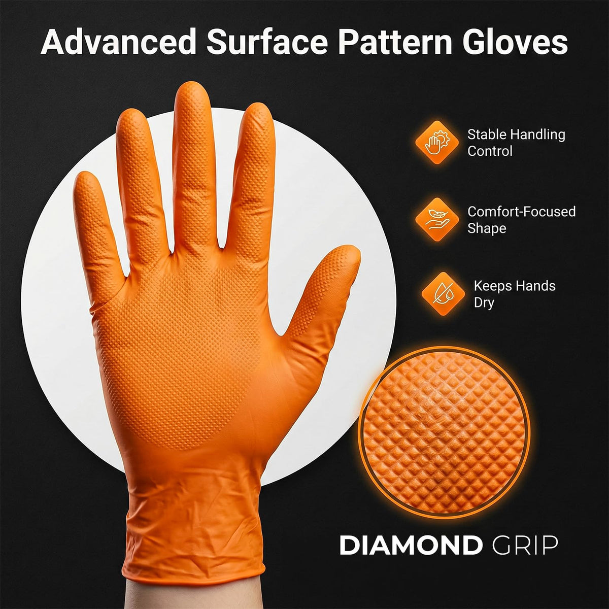 PRAIMA Mechanic Gloves, Diamond Grip Orange Nitrile Disposable Gloves | Powder-Free, Latex-Free, Extra Thick & Strong Rubber Gloves for Work, Automotive, Industrial, and Cleaning Use