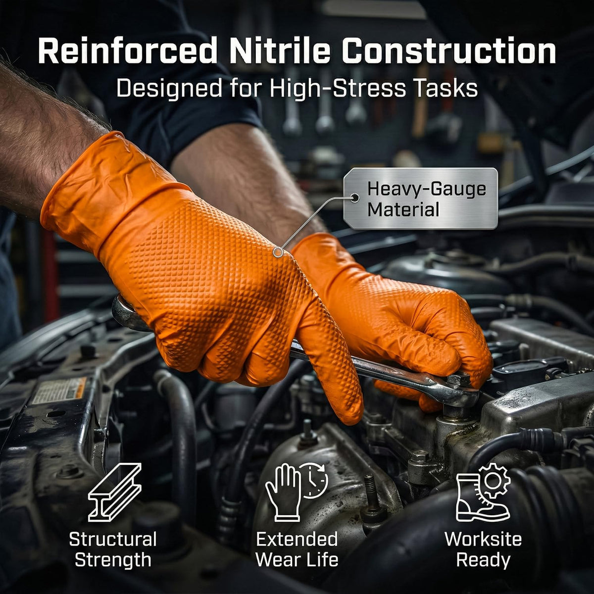 PRAIMA Mechanic Gloves, Diamond Grip Orange Nitrile Disposable Gloves | Powder-Free, Latex-Free, Extra Thick & Strong Rubber Gloves for Work, Automotive, Industrial, and Cleaning Use