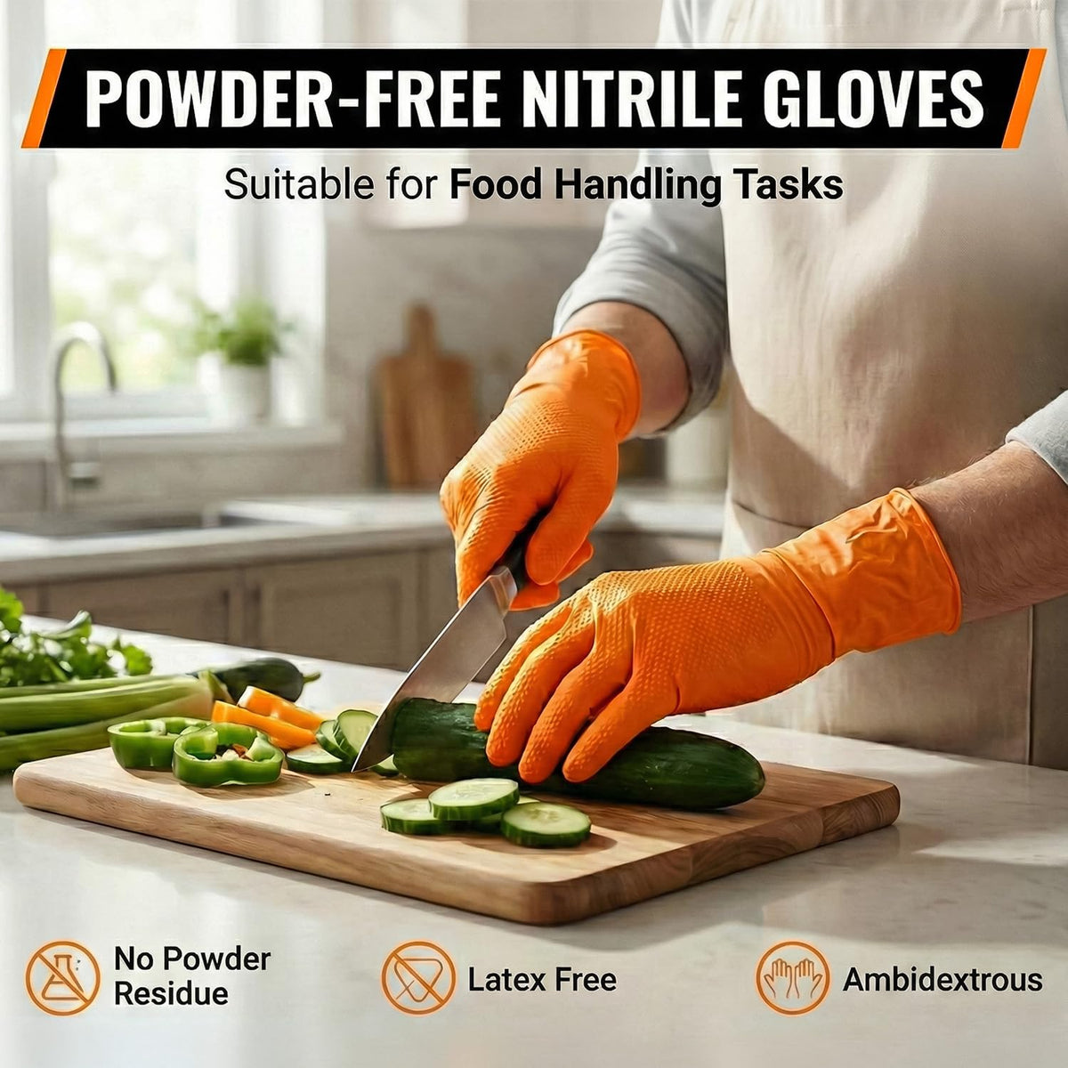 PRAIMA Mechanic Gloves, Diamond Grip Orange Nitrile Disposable Gloves | Powder-Free, Latex-Free, Extra Thick & Strong Rubber Gloves for Work, Automotive, Industrial, and Cleaning Use