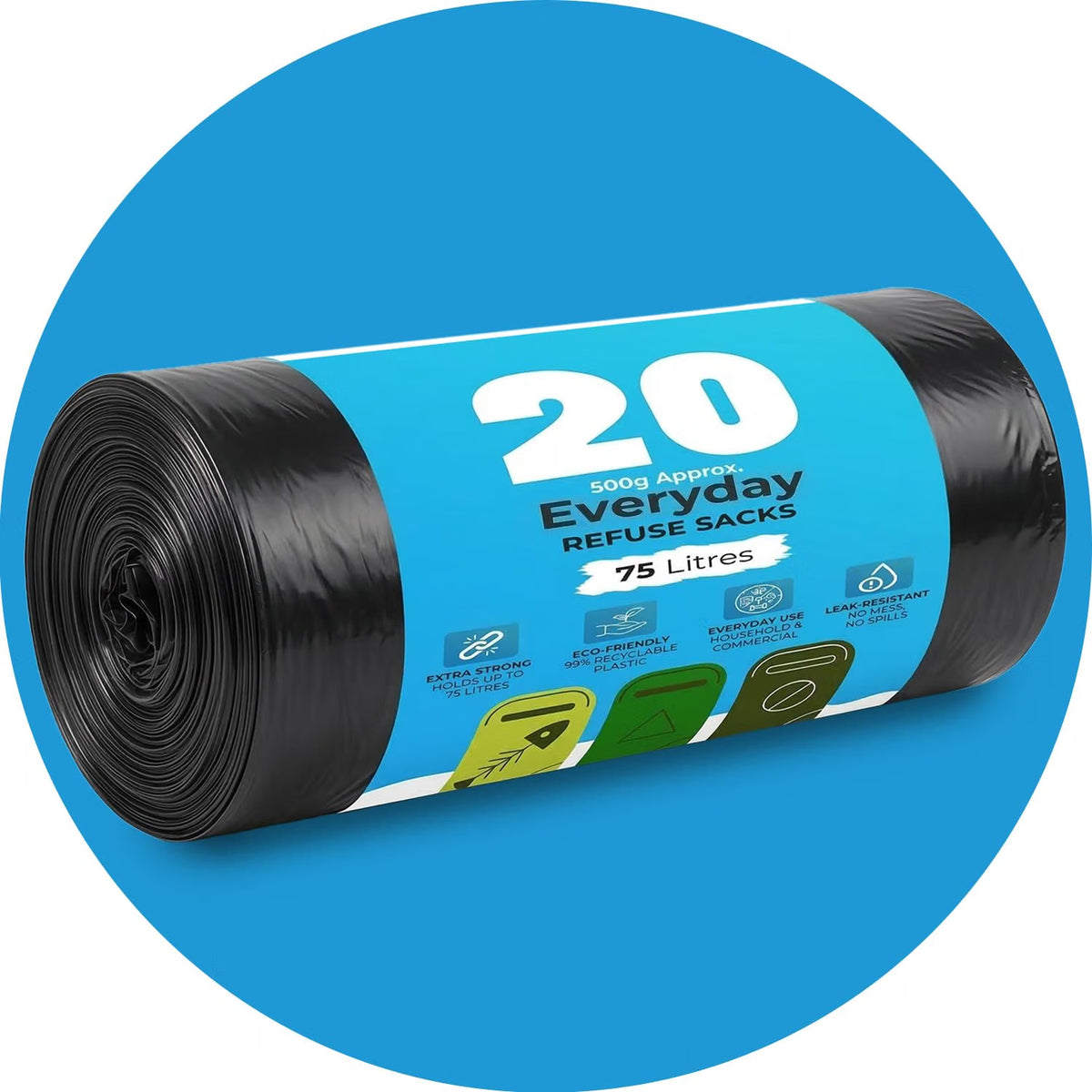 Roe Tenpo Bin Bags - 70L, 30 Microns Bin Liners, Strong & Durable, Tear Resistant Refuse Sack, Black Bin Bags for Everyday Use, Household & Commercial Use