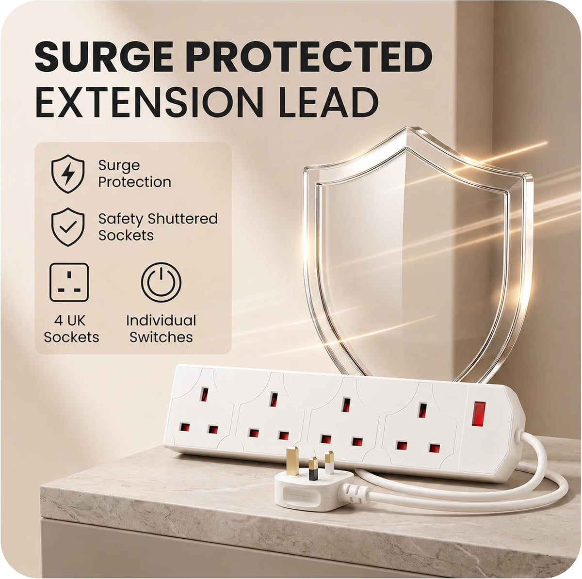 Mr.DIY 4 Way Extension Lead, 2 Metre Power Cable, 13A Fused UK Plug, Surge Protected Extension Lead with Advanced Safety Protection, Wall Mountable Power Strip for Home & Office Use