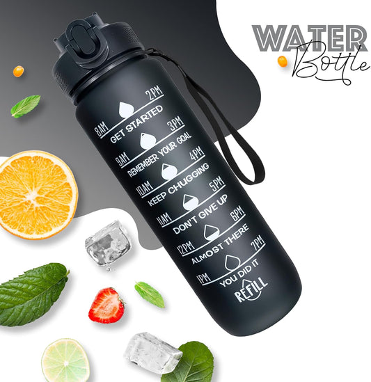 Active 100 Water Bottle 1000ml Sports Water Bottle with Motivational Time Marker & Straw, Dishwasher Safe Leak-proof Drink Bottle BPA Free Non-Toxic Tritan Material 1 Click Open for Running Gym