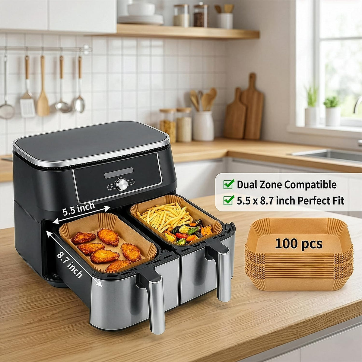 Roe Tenpo Air Fryer Liners, 100Pcs Disposable Baking Parchment Paper, Non-Stick & Greaseproof, Air Fryer Accessories for Ninja AF300UK AF400UK, Salter, Tower and Other Dual Zone Air Fryer