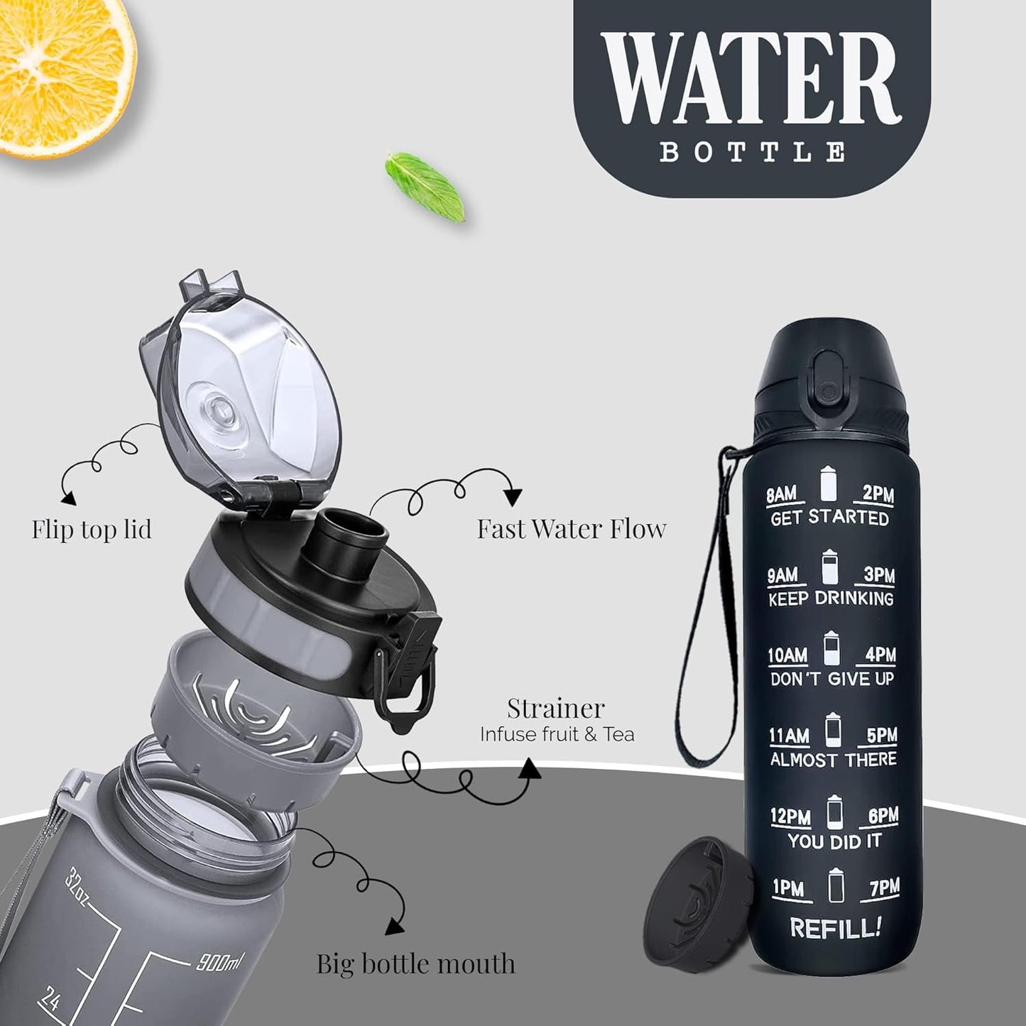 Active 100 Water Bottle 1L, Sports Water Bottle with Time Markings