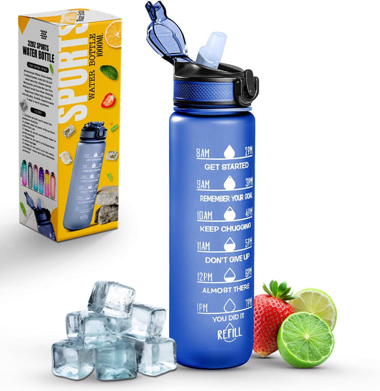 Roe Tenpo Sports Water Bottle with Straw and Time Marking, and 32OZ Capacity - Motivational and Eco-Friendly BPA-Free Bottle for Running, Gym, Yoga, Outdoors, and Camping