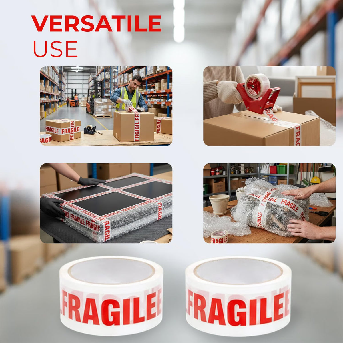 Stick Well Fragile Packing Tape, 48mm x 66m, 6 Rolls, Low Noise Parcel Tape, Secure & Sticky, Heavy Duty Tape for Packing Parcels, Moving House, Cardboard Boxes & Cartons