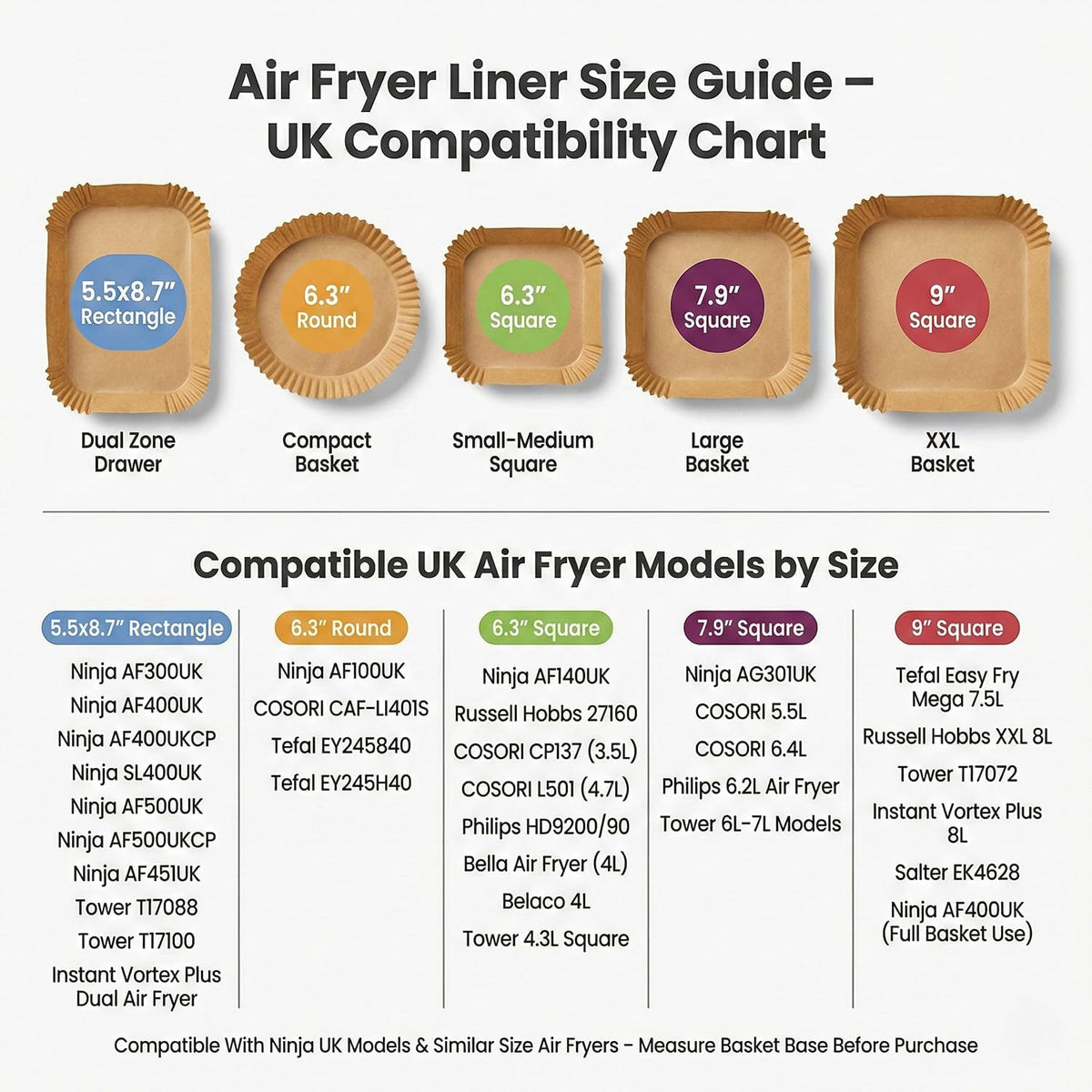 Roe Tenpo Air Fryer Liners, 100Pcs Disposable Baking Parchment Paper, Non-Stick & Greaseproof, Air Fryer Accessories for Ninja AF300UK AF400UK, Salter, Tower and Other Dual Zone Air Fryer