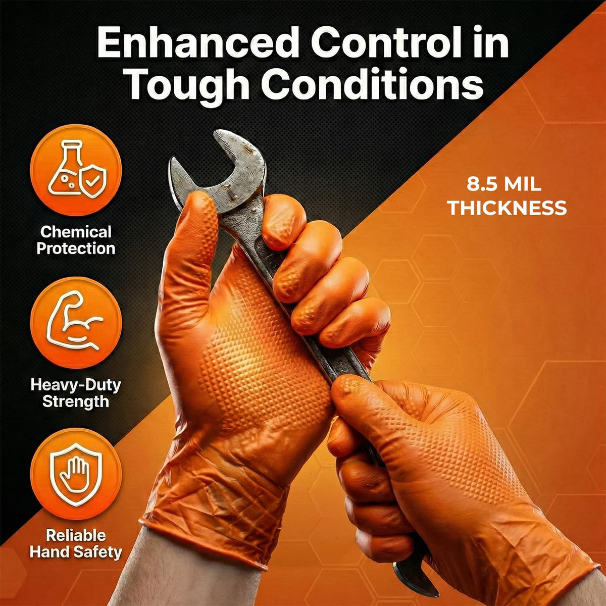 PRAIMA Mechanic Gloves, Diamond Grip Orange Nitrile Disposable Gloves | Powder-Free, Latex-Free, Extra Thick & Strong Rubber Gloves for Work, Automotive, Industrial, and Cleaning Use