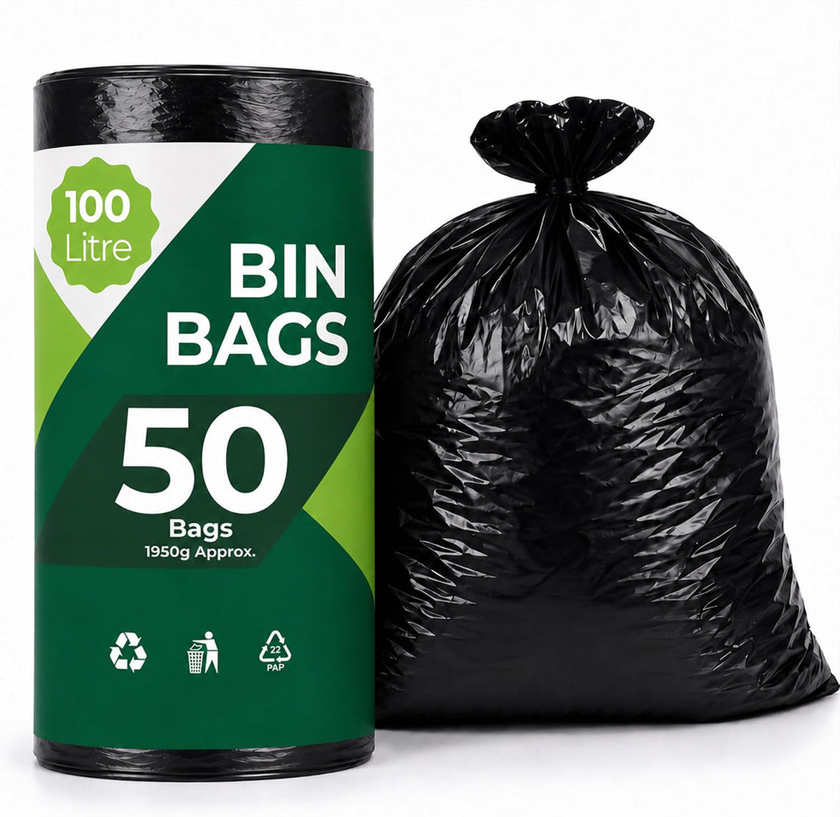 EasyBin Black Bin Bags, 50 Count, Strong & Durable Bin Liners Heavy Duty Bin Bags, Easy Tear Roll, Recycled, Refuse Sacks for Household, Garden Tidy-Up, Garage, Office & General Waste
