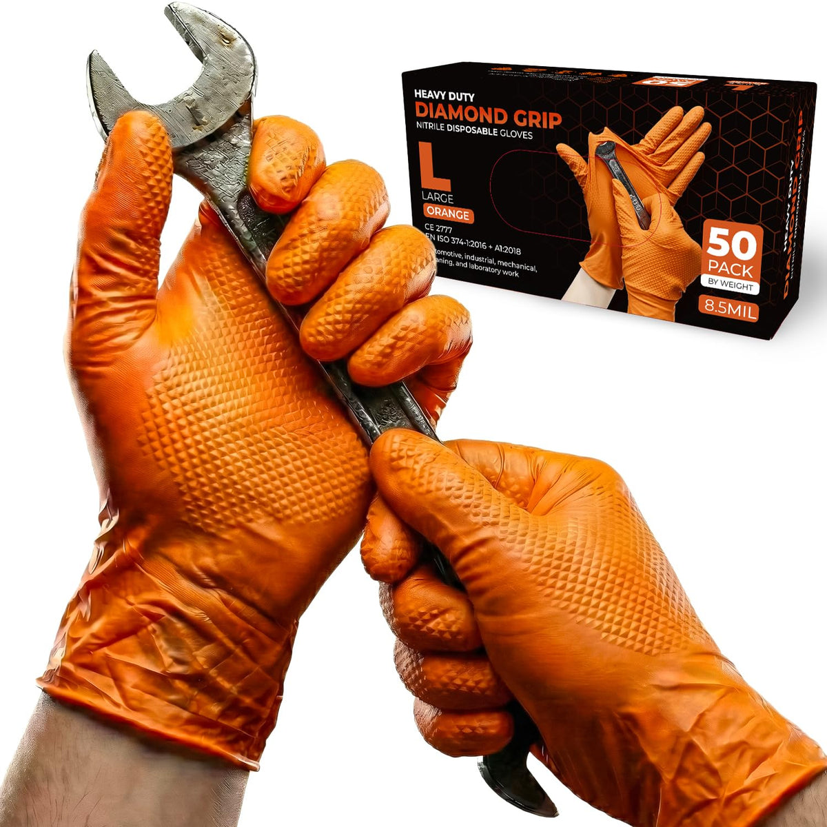 PRAIMA Mechanic Gloves, Diamond Grip Orange Nitrile Disposable Gloves | Powder-Free, Latex-Free, Extra Thick & Strong Rubber Gloves for Work, Automotive, Industrial, and Cleaning Use