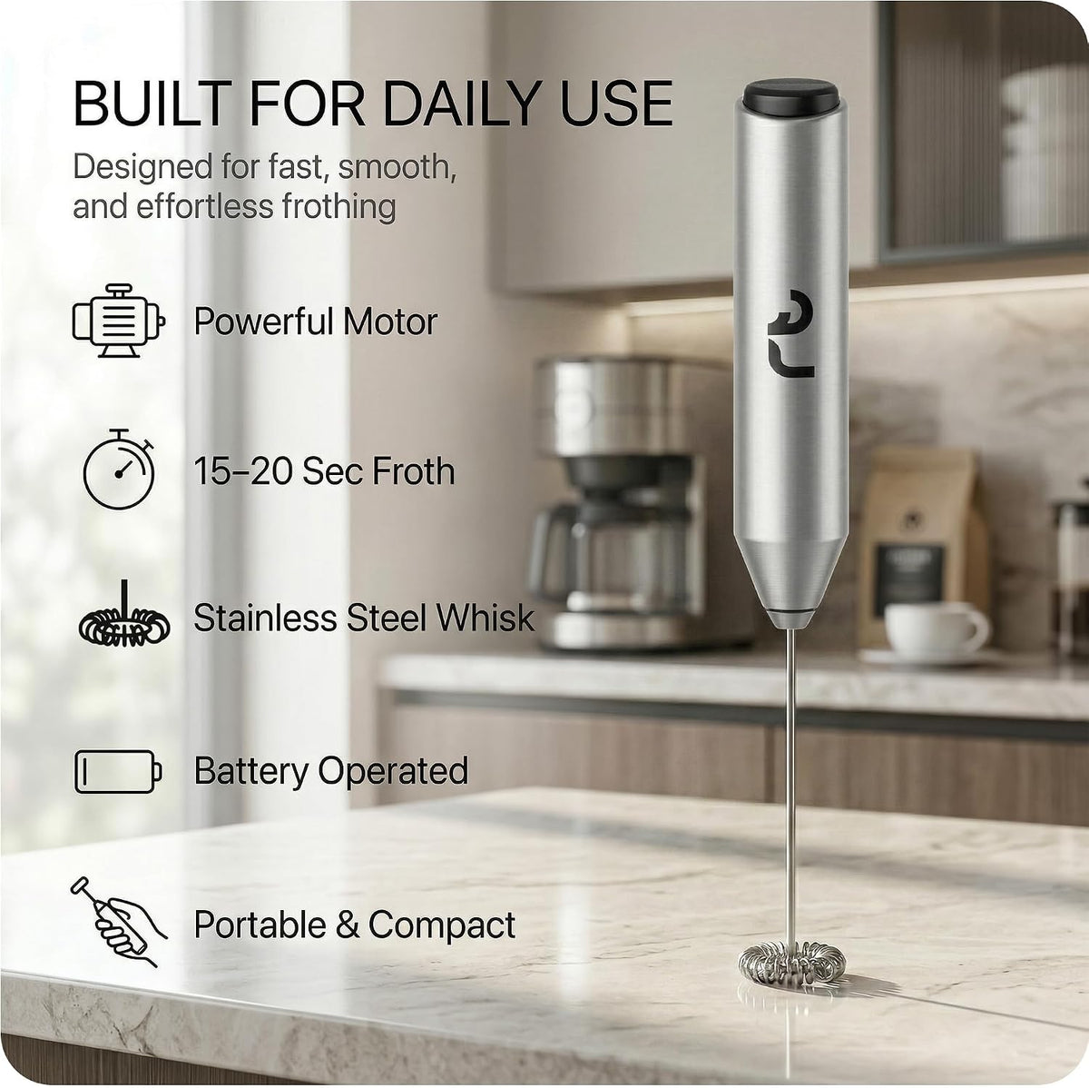 Roe Tenpo Handheld Milk Frother with Stainless Steel Whisk - Ergonomic, Compact, Easy to Clean, Portable Battery-Operated Coffee Frother for Cappuccino, Frappe, Matcha, Hot Chocolate