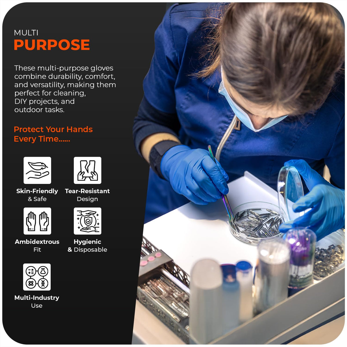 The Real Touch Disposable Gloves, Powder Free, Latex Free, Blue Vinyl Gloves Comfortable Fit, Suitable for Food Handling, Cleaning & Multi-Purpose Use