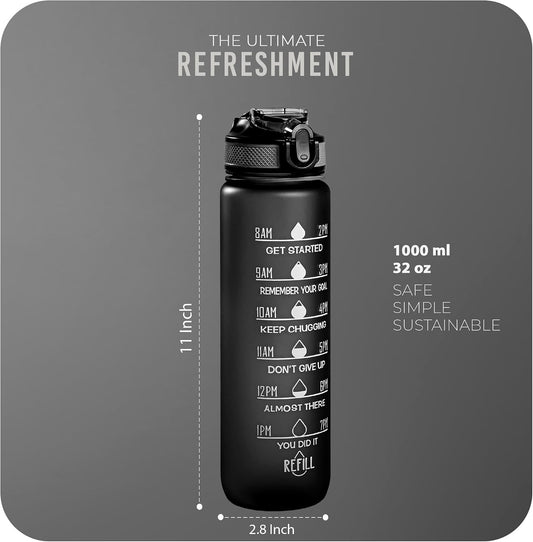 Roe Tenpo Sports Water Bottle with Straw and Time Marking, and 32OZ Capacity - Motivational and Eco-Friendly BPA-Free Bottle for Running, Gym, Yoga, Outdoors, and Camping