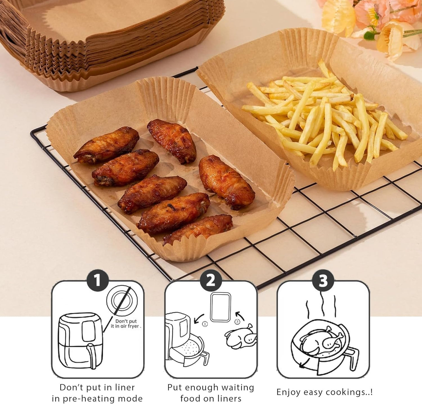 Roe Tenpo Air Fryer Liners Disposable 100pcs Rectangular, Non-Stick Parchment Paper Liners, Baking Paper