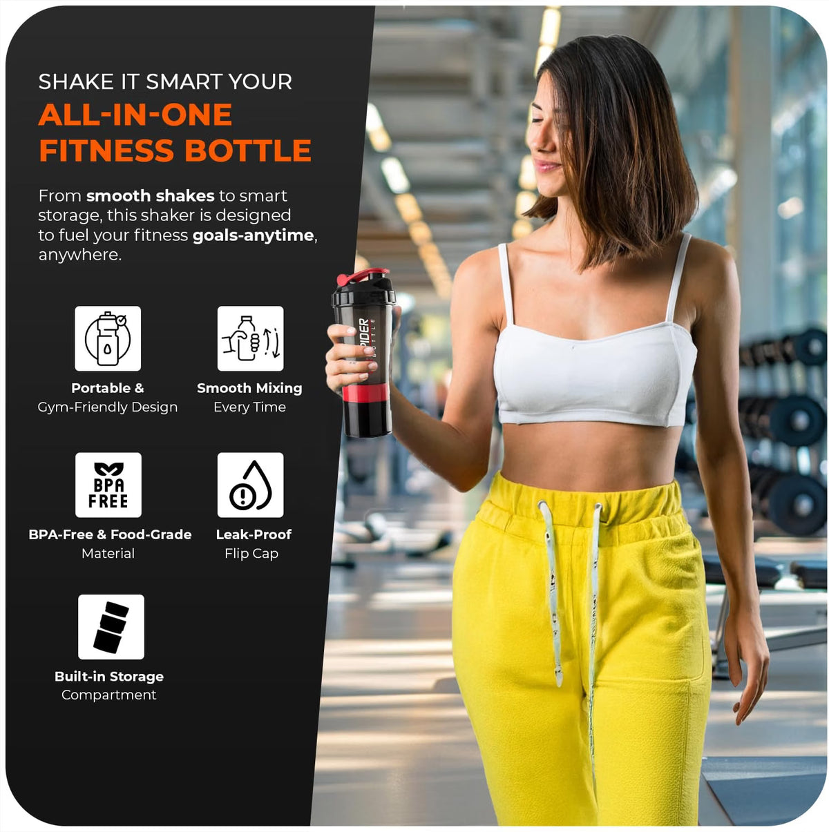 Active 100 Protein Shaker Bottle 500ml With Extra Compartment - Gym Shaker Bottle For Men & Women, Perfect For Protein Shakes & Supplements