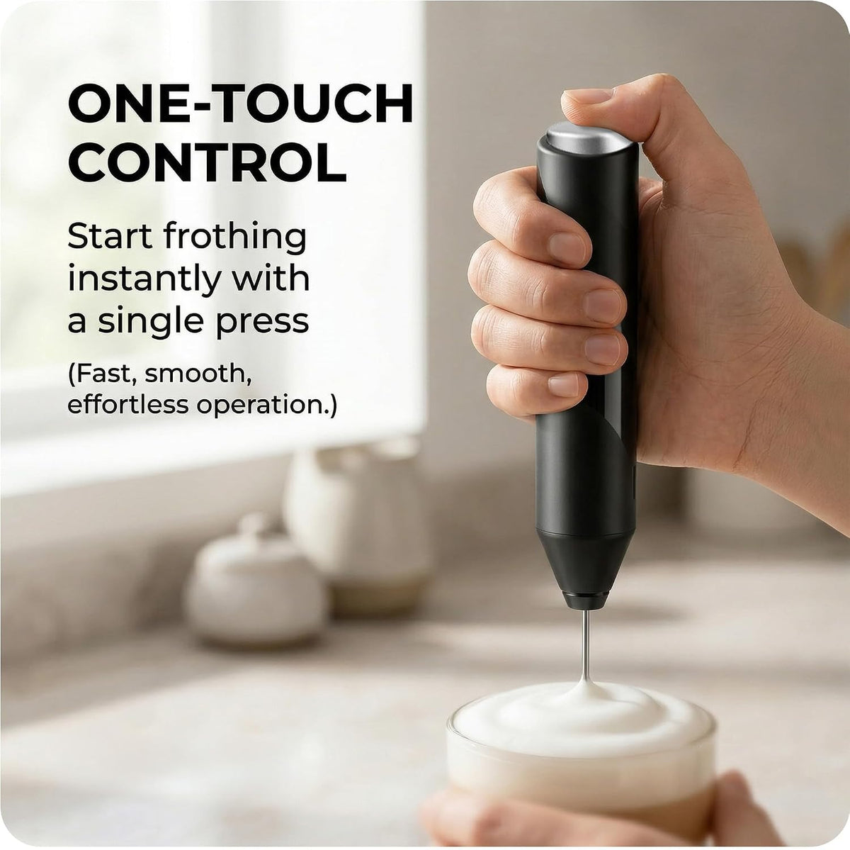 Roe Tenpo Handheld Milk Frother with Stainless Steel Whisk - Ergonomic, Compact, Easy to Clean, Portable Battery-Operated Coffee Frother for Cappuccino, Frappe, Matcha, Hot Chocolate