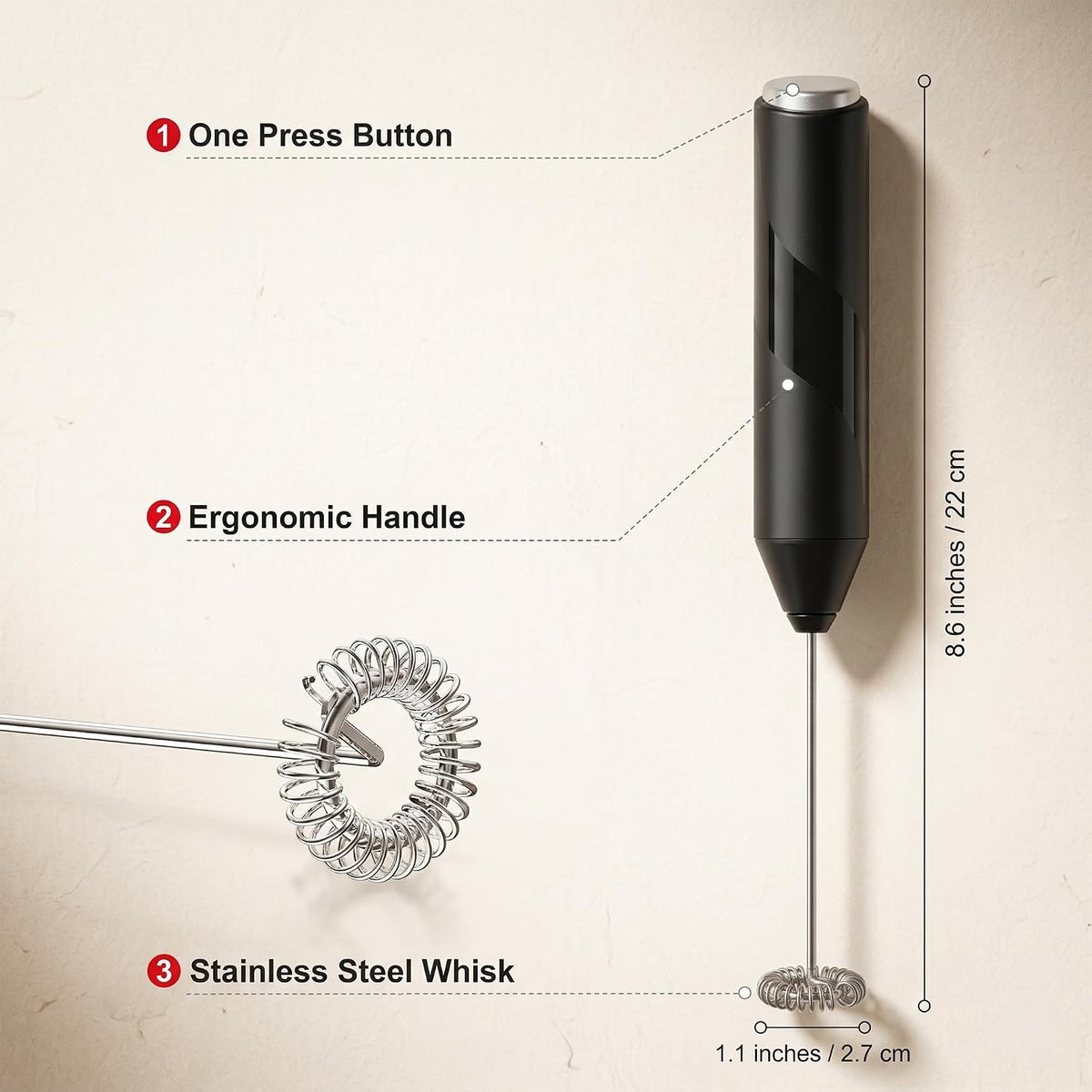 Wolf Power Handheld Milk Frother, Stainless Steel Electric Whisk Coffee Frother, Battery Operated, Portable Foam Maker for Latte, Cappuccino, Matcha, Hot Chocolate & Shakes