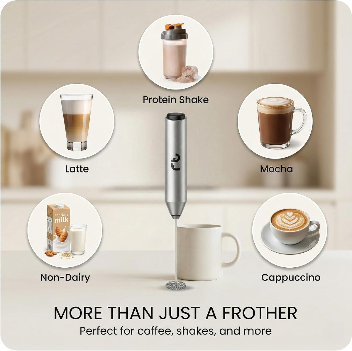Roe Tenpo Handheld Milk Frother with Stainless Steel Whisk - Ergonomic, Compact, Easy to Clean, Portable Battery-Operated Coffee Frother for Cappuccino, Frappe, Matcha, Hot Chocolate