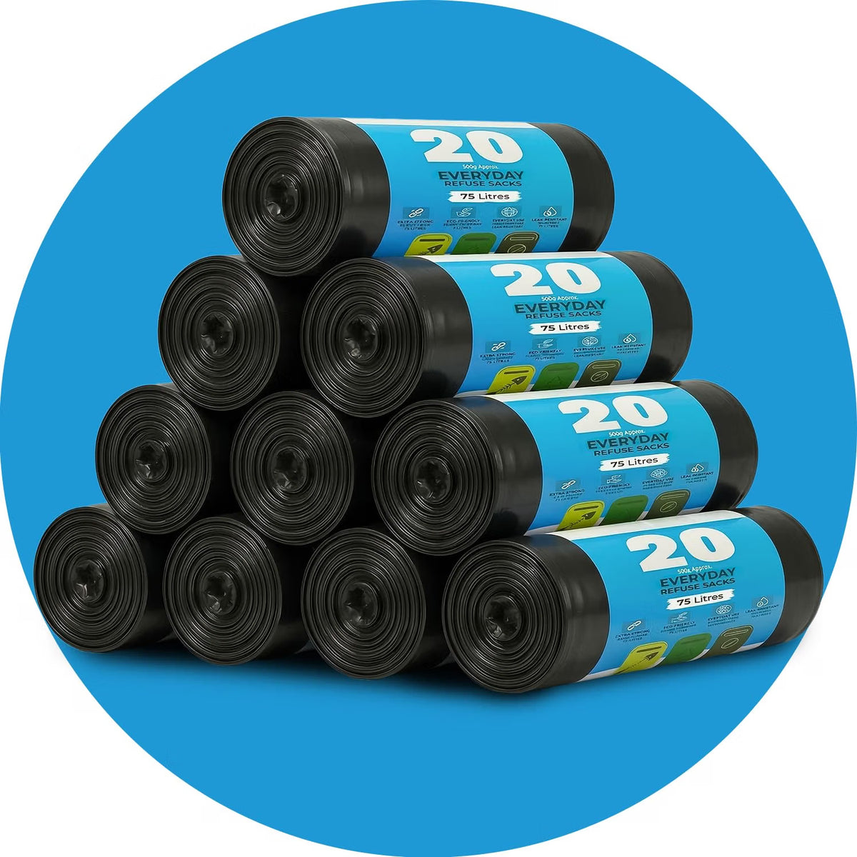 Roe Tenpo Bin Bags - 70L, 30 Microns Bin Liners, Strong & Durable, Tear Resistant Refuse Sack, Black Bin Bags for Everyday Use, Household & Commercial Use