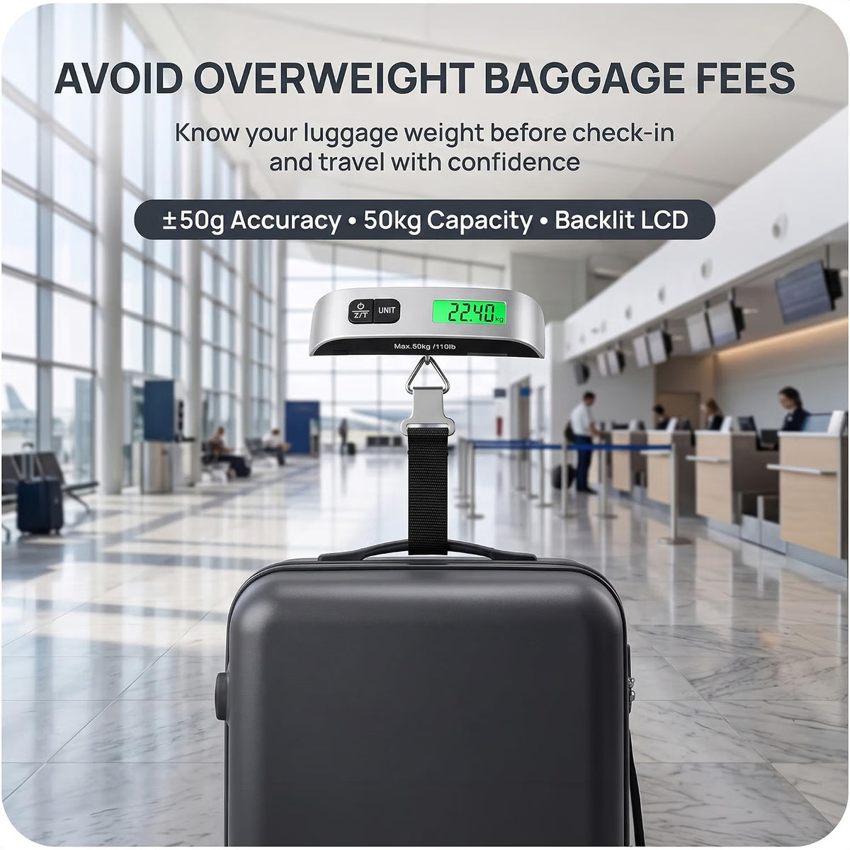 Roe Tenpo Luggage Scale, Portable Suitcase Scale 50kg/110lb Capacity Travel Scale for Luggage with Tare Function, Backlit LCD, Temperature Display, Auto Shut-Off, Overload Indicator