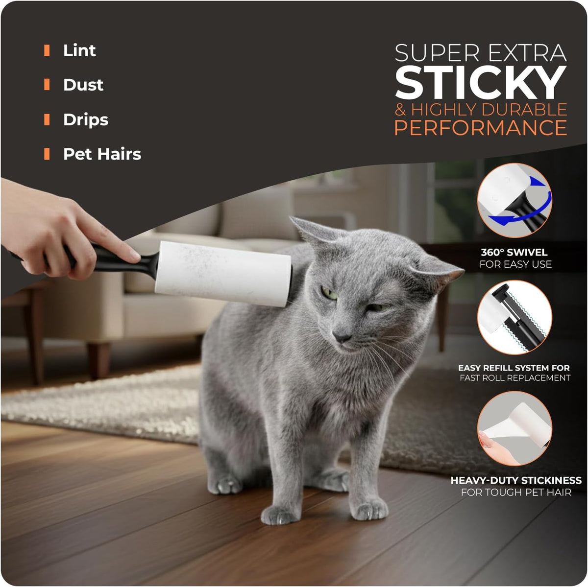 Roe Tenpo 6 Pack Lint Roller with 1 Replacement Handle, 360 Easy Peel Sheets, Lint Remover for Dust & Fluff from Clothes, Pet Hair Remover, Furniture, Carpet