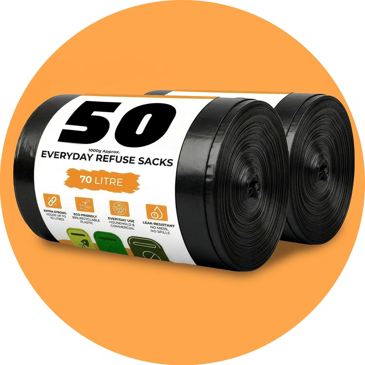 Roe Tenpo Bin Bags - 70L, 30 Microns Bin Liners, Strong & Durable, Tear Resistant Refuse Sack, Black Bin Bags for Everyday Use, Household & Commercial Use