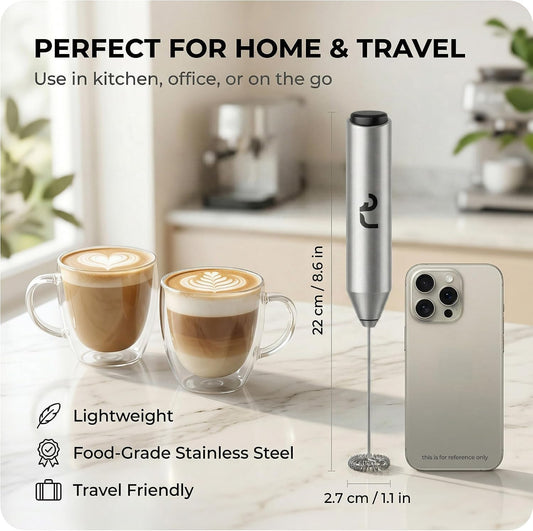 Roe Tenpo Handheld Milk Frother with Stainless Steel Whisk - Ergonomic, Compact, Easy to Clean, Portable Battery-Operated Coffee Frother for Cappuccino, Frappe, Matcha, Hot Chocolate