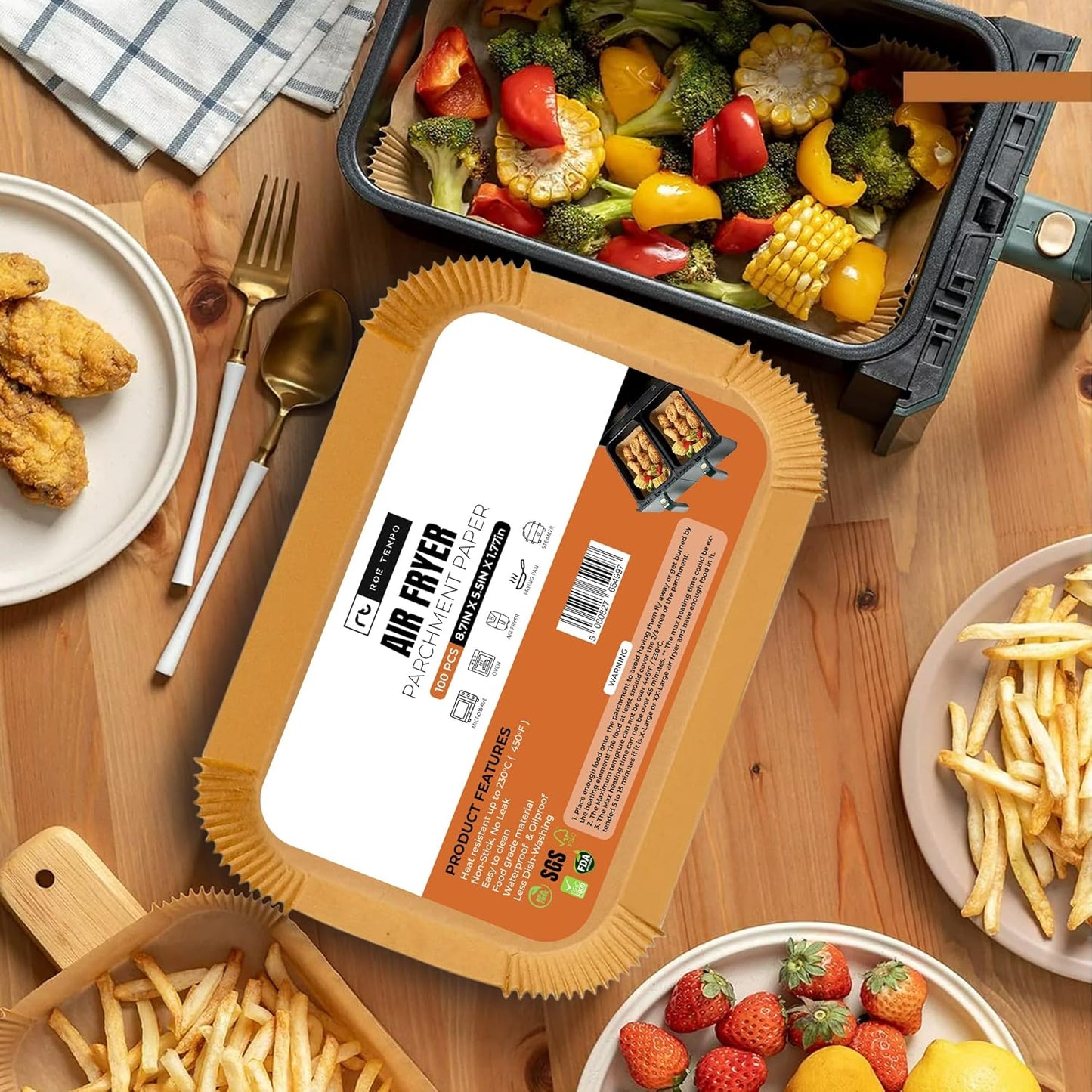 Roe Tenpo Air Fryer Liners Disposable 100pcs Rectangular, Non-Stick Parchment Paper Liners, Baking Paper