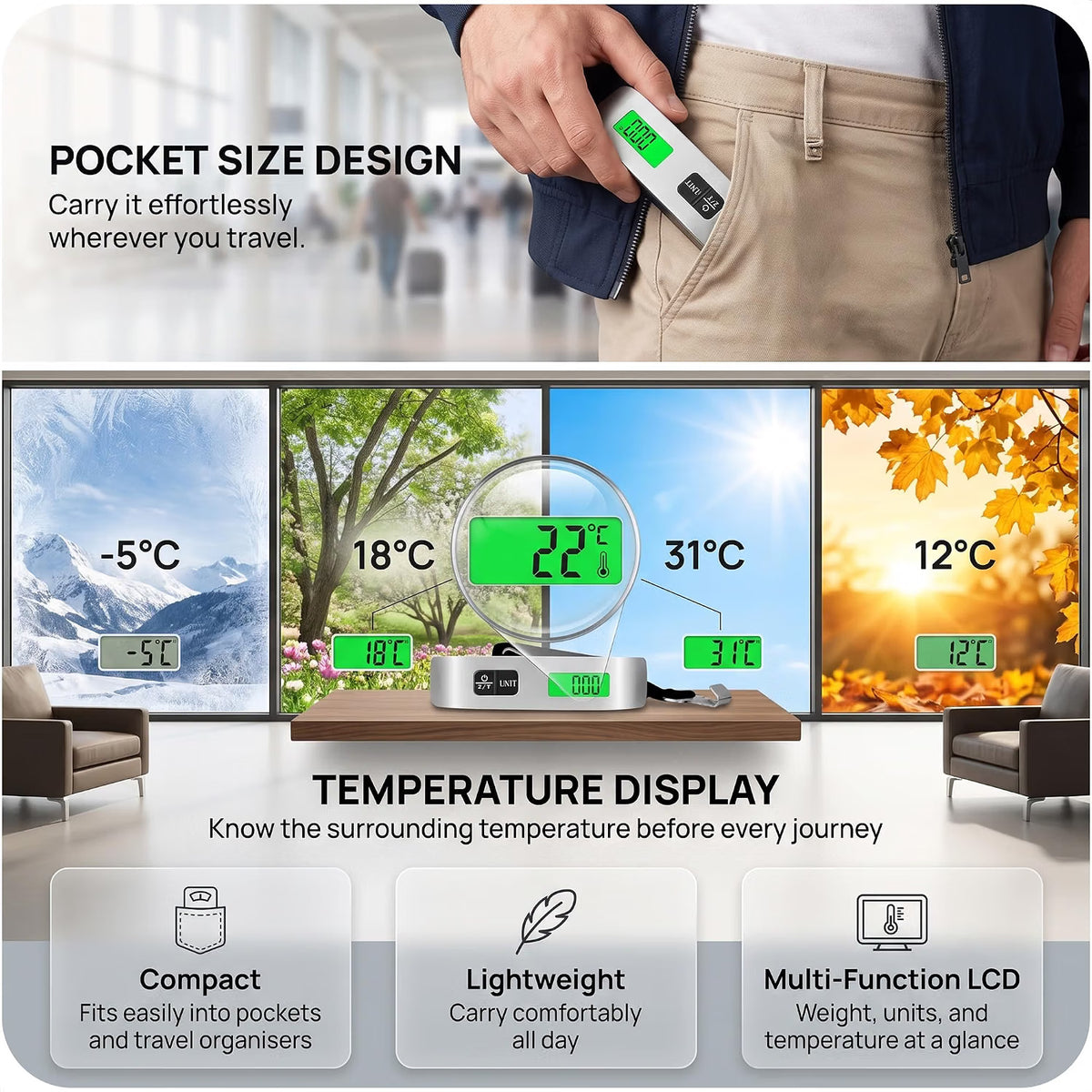 Roe Tenpo Luggage Scale, Portable Suitcase Scale 50kg/110lb Capacity Travel Scale for Luggage with Tare Function, Backlit LCD, Temperature Display, Auto Shut-Off, Overload Indicator
