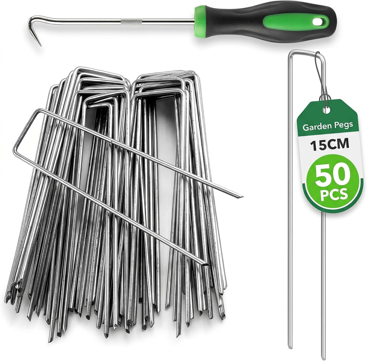 Scott 11 Weed Membrane Pegs - 15 cm (150mm), U-Shaped, Heavy Duty Galvanised Garden Pegs with Peg Picker Tool, Garden Pins for Securing Matting, Netting, Ground Fabric & Outdoor Use (50 Pack)