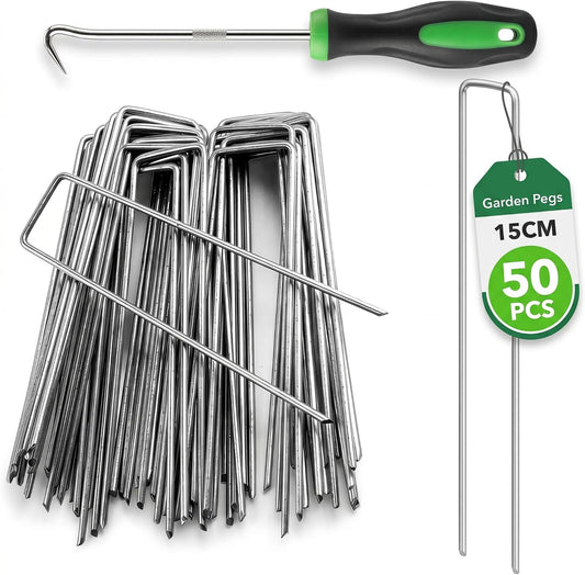 Scott 11 Weed Membrane Pegs - 15 cm (150mm), U-Shaped, Heavy Duty Galvanised Garden Pegs with Peg Picker Tool, Garden Pins for Securing Matting, Netting, Ground Fabric & Outdoor Use (50 Pack)