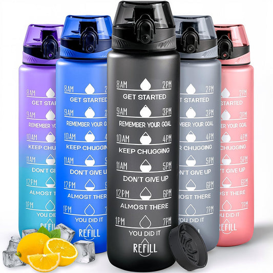 Active 100 Water Bottle 1L, Sports Water Bottle with Time Markings