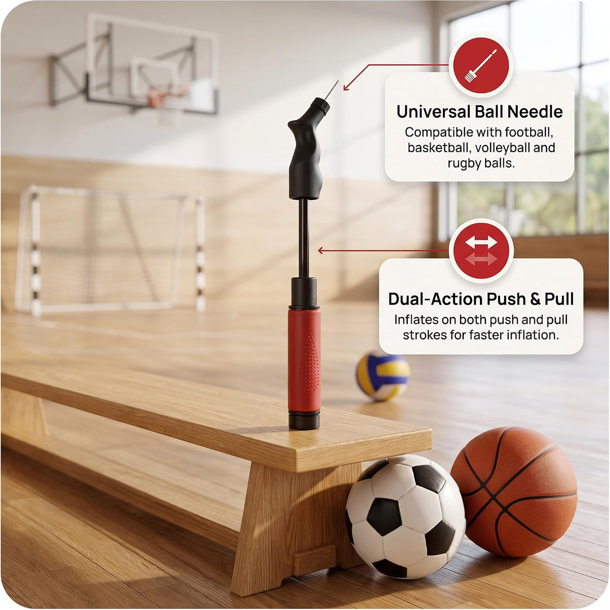 Scott 11 Sports Ball Pump with 5 Needles, Fast Push & Pull Inflator, Lightweight Hand Pump for Football, Basketball, Volleyball, Rugby & Other Inflatable Sports Balls
