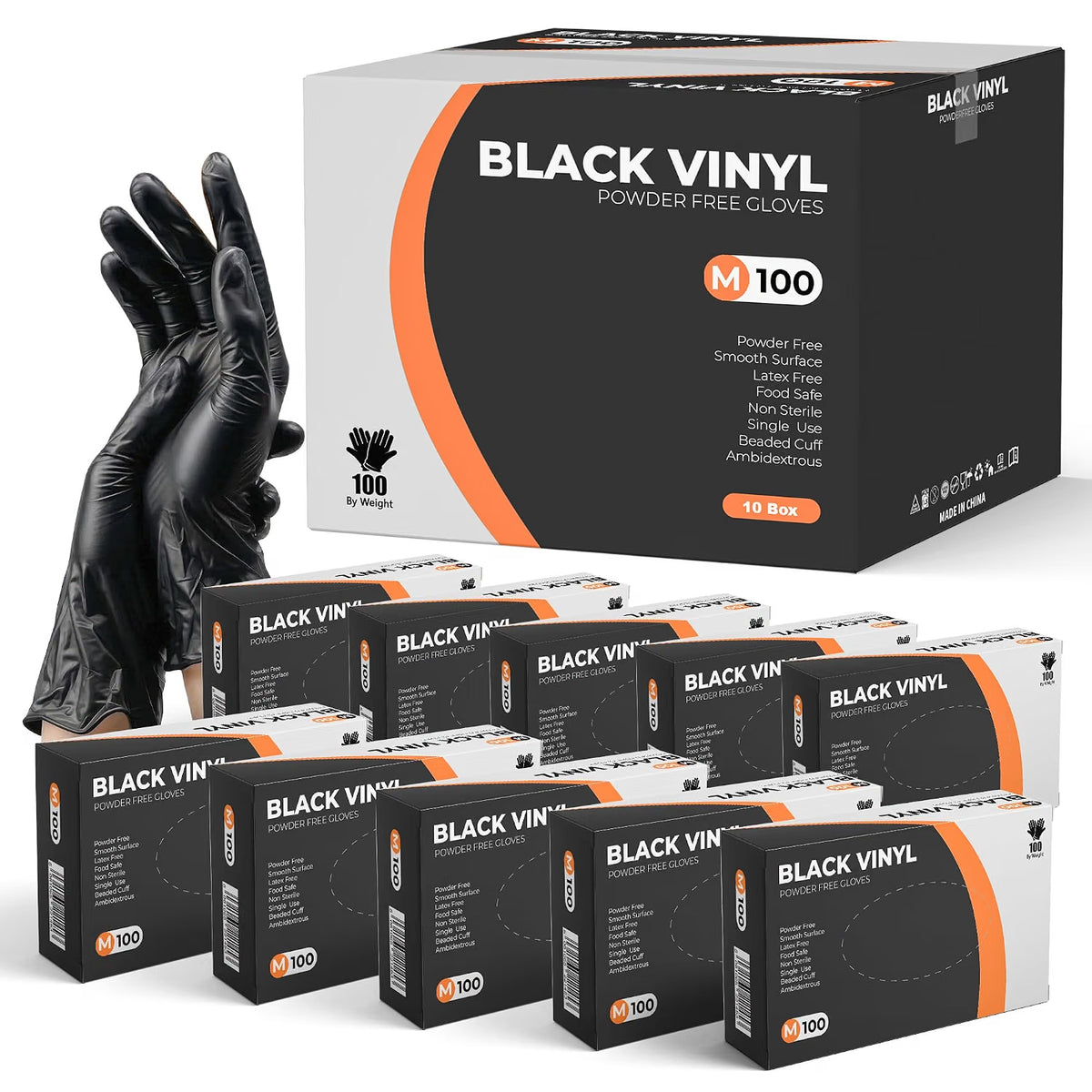 PRAIMA Black Vinyl Gloves, Powder Free & Latex Free, Multi-Purpose Black Disposable Gloves for Food Handling, Cooking, Cleaning & Medical Use