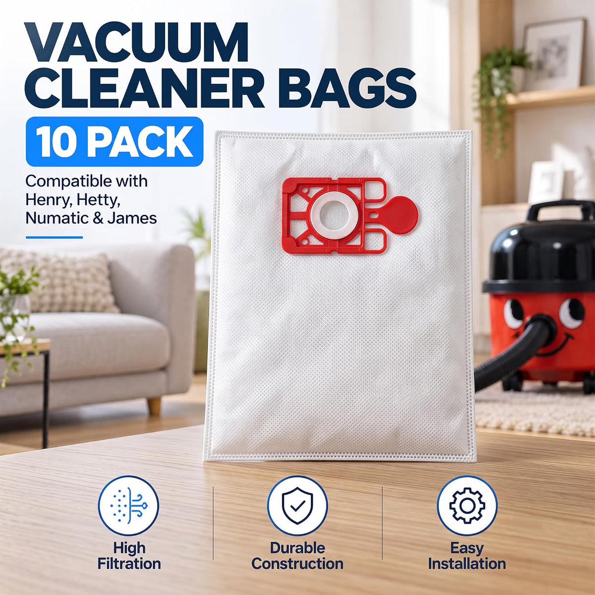 Mr.DIY Hoover Vacuum Bags 10 Pack Compatible with Henry, Hetty, Numatic & James, NVM-1CH Type, 3-Layer High Filtration Dust Bags, Self-Sealing, Easy Dust Disposal