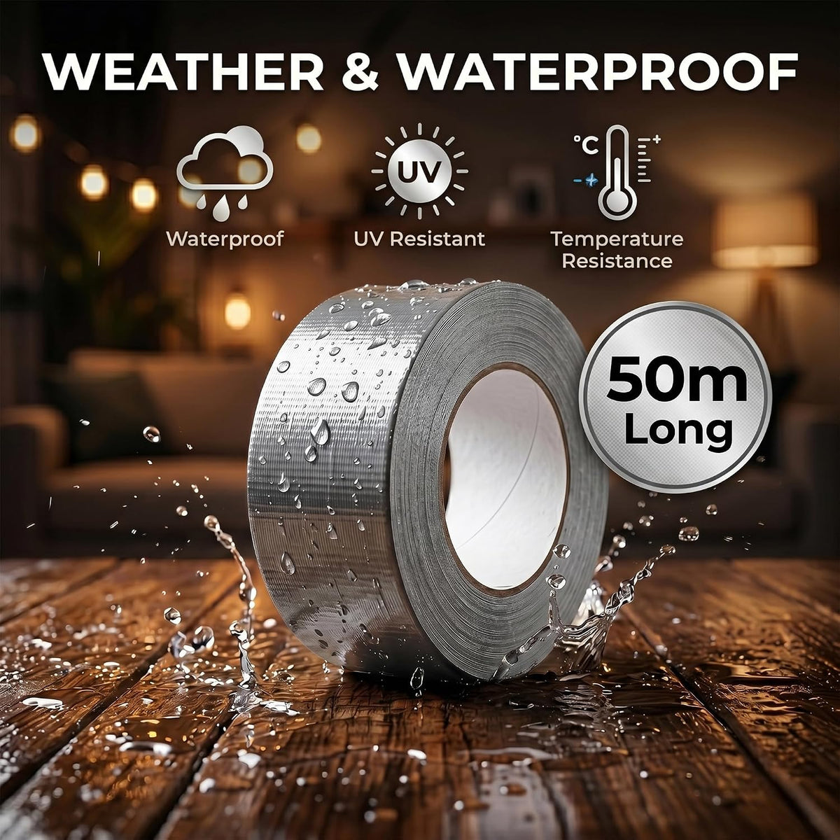 Roe Tenpo Silver Duct Tape - 48mm x 50m, Heavy Duty Gaffer Tape, Waterproof, Extra Strong Adhesive, Residue-Free, Ideal for Sealing, Wrapping, Plumbing & Indoor/Outdoor Repairs