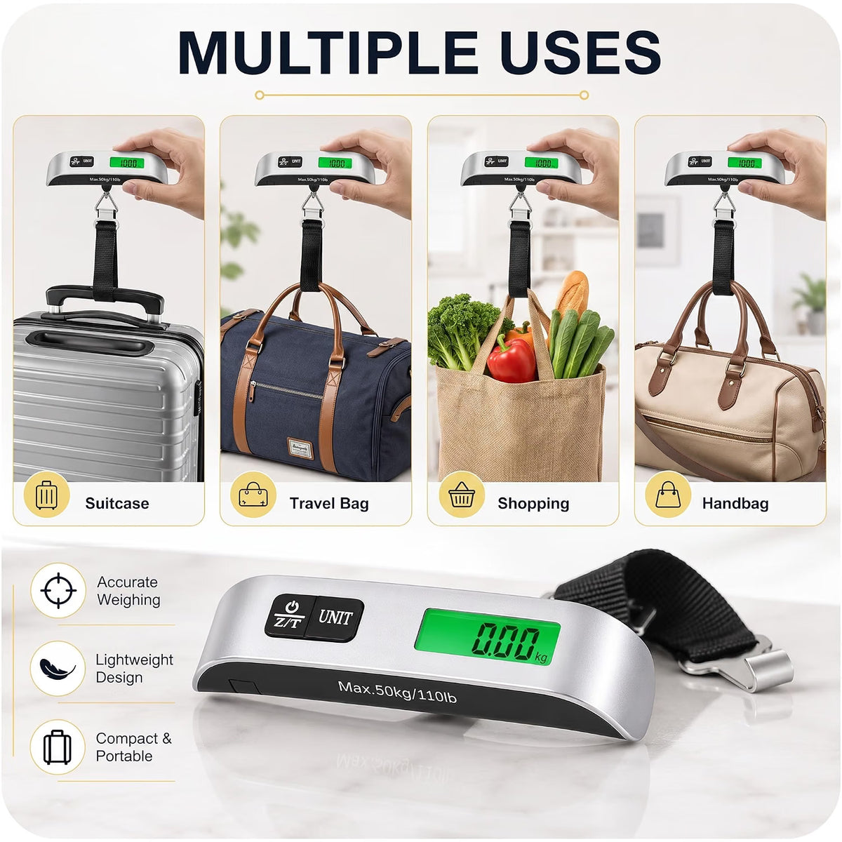Mr.DIY Digital Luggage Scale 50kg/110lb, Portable Suitcase Weight Checker with Backlit LCD Display, Tare Function, Temperature Sensor & Battery Included