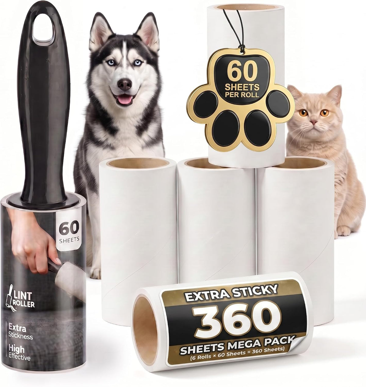 Cozy Paw Lint Roller, 6 Pack with 1 Reusable Handle, 360 Extra Sticky Sheets for Pet Hair Removal, Lint Remover for Dust & Fluff from Clothing, Furniture, Carpets & Car Seats