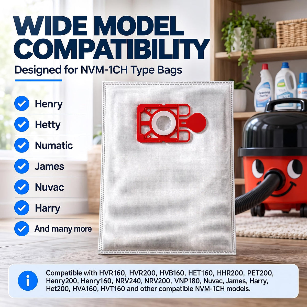 Mr.DIY Hoover Vacuum Bags 10 Pack Compatible with Henry, Hetty, Numatic & James, NVM-1CH Type, 3-Layer High Filtration Dust Bags, Self-Sealing, Easy Dust Disposal