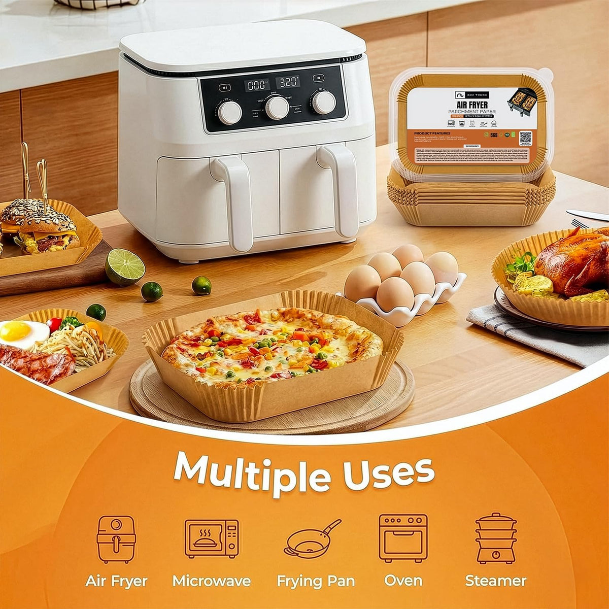 Roe Tenpo Air Fryer Liners, 100Pcs Disposable Baking Parchment Paper, Non-Stick & Greaseproof, Air Fryer Accessories for Ninja AF300UK AF400UK, Salter, Tower and Other Dual Zone Air Fryer