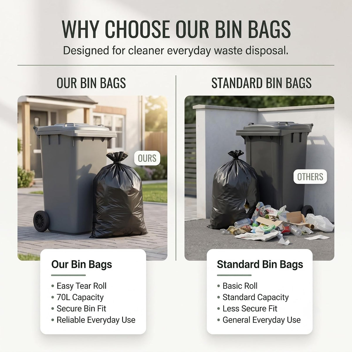 EasyBin Black Bin Bags, 50 Count, Strong & Durable Bin Liners Heavy Duty Bin Bags, Easy Tear Roll, Recycled, Refuse Sacks for Household, Garden Tidy-Up, Garage, Office & General Waste