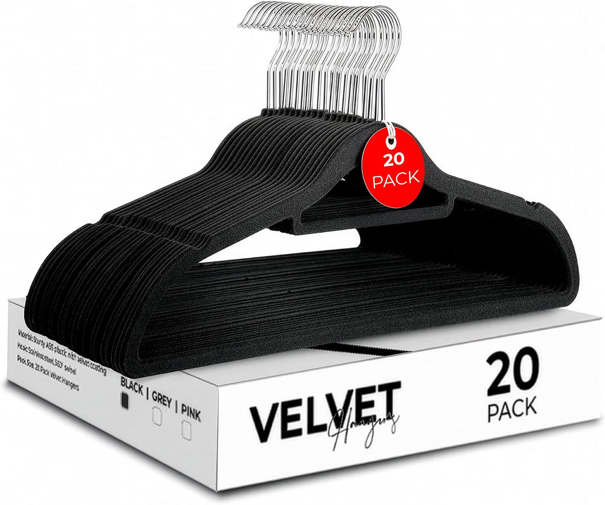 Roe Tenpo Coat Hangers, 20 Pack, Black | Velvet Hangers for Clothes with Tie Bar & 360° Hook | Durable & Sturdy | Non-Slip, Space-Saving Design for Shirts, Jackets, Trousers & More