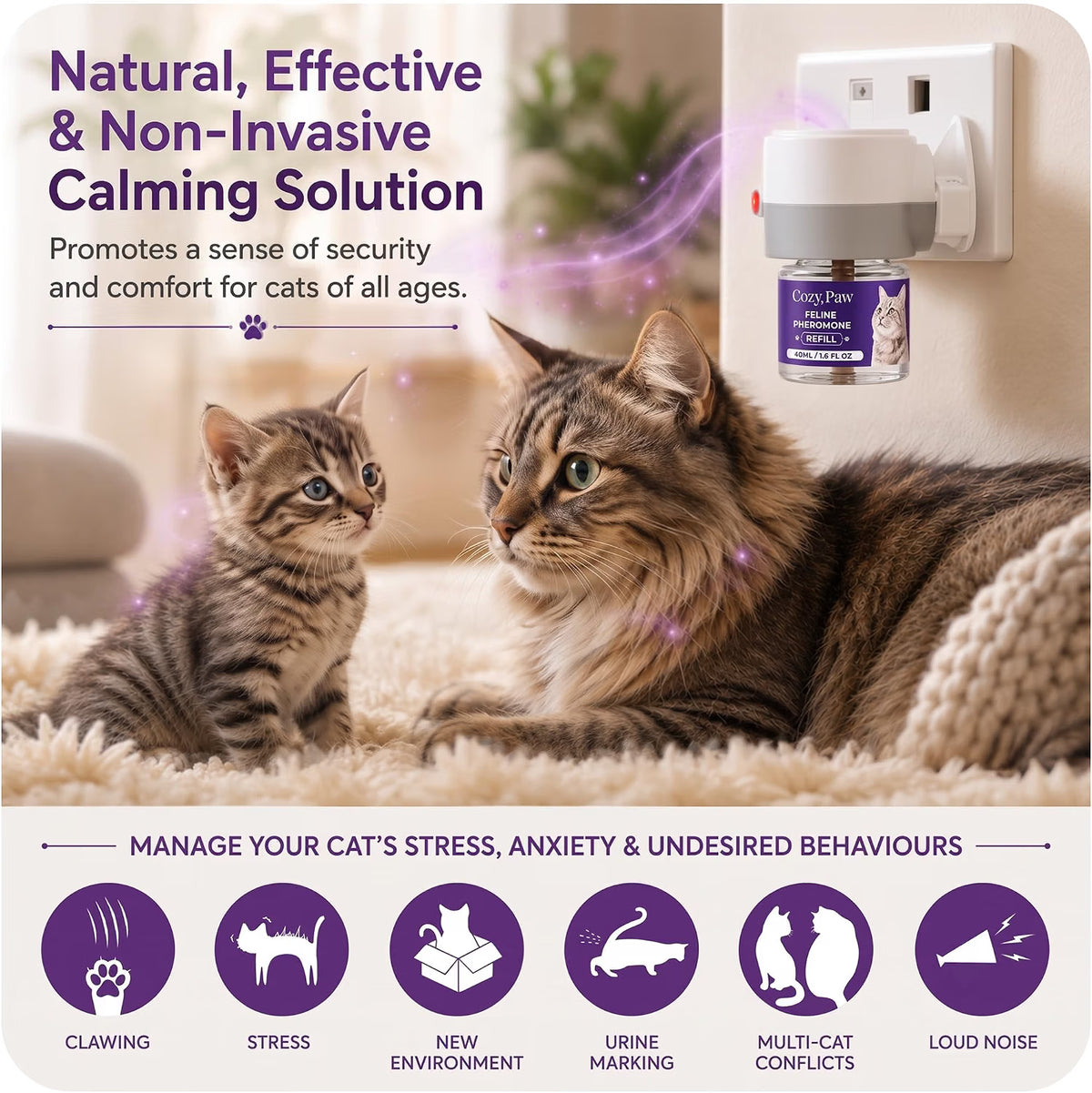 Cozy Paw Cat Calming Plug-In, Cat Pheromone Diffuser With 48ml Refill Odourless, Drug-Free, Suitable for Cats of All Ages, Cat Plug In Calmer for a Calm Home, Continuous Calming Support