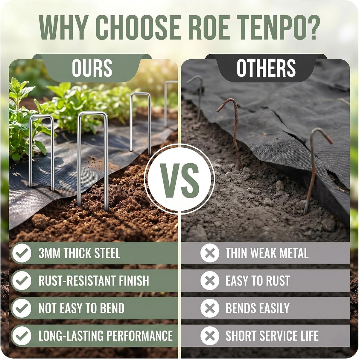 Roe Tenpo Weed Membrane Pegs, 15 cm, U-Shaped Heavy-Duty Sharp Beveled Ends Garden Stakes for Camping, Weed Control Membrane, Artificial Grass, Netting & Landscape Fabric (50 Pack)