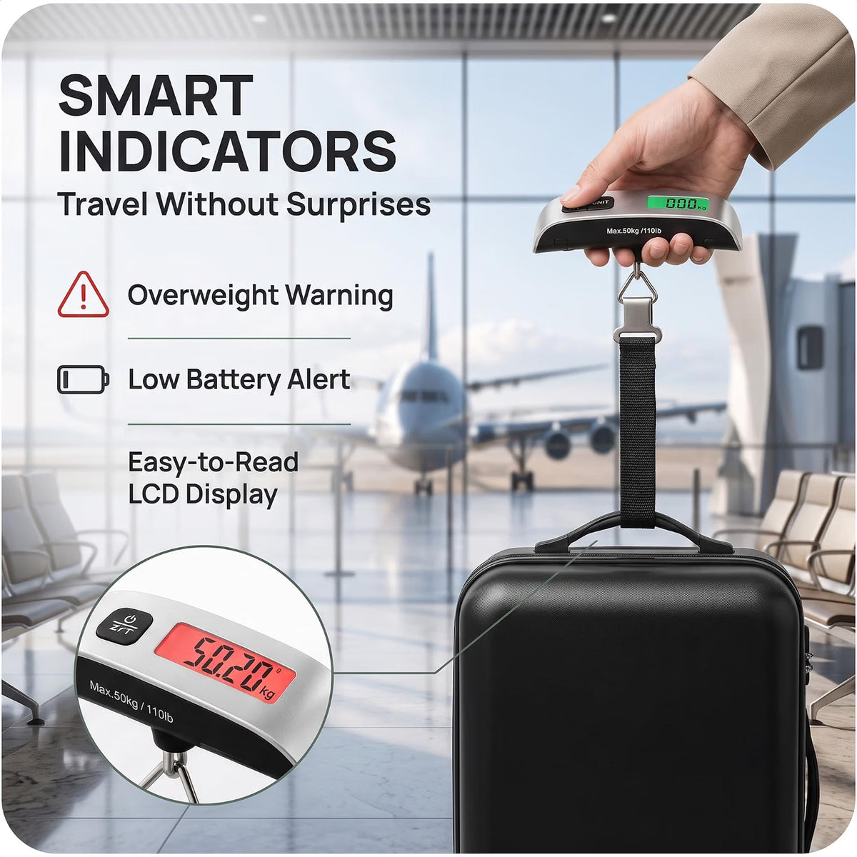 Roe Tenpo Luggage Scale, Portable Suitcase Scale 50kg/110lb Capacity Travel Scale for Luggage with Tare Function, Backlit LCD, Temperature Display, Auto Shut-Off, Overload Indicator