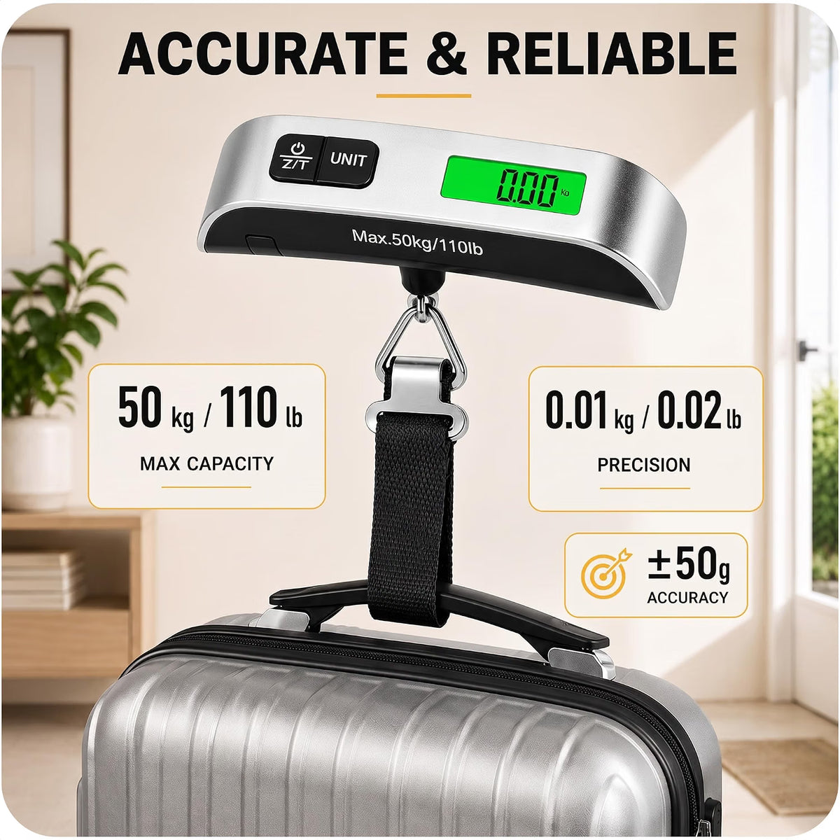Mr.DIY Digital Luggage Scale 50kg/110lb, Portable Suitcase Weight Checker with Backlit LCD Display, Tare Function, Temperature Sensor & Battery Included